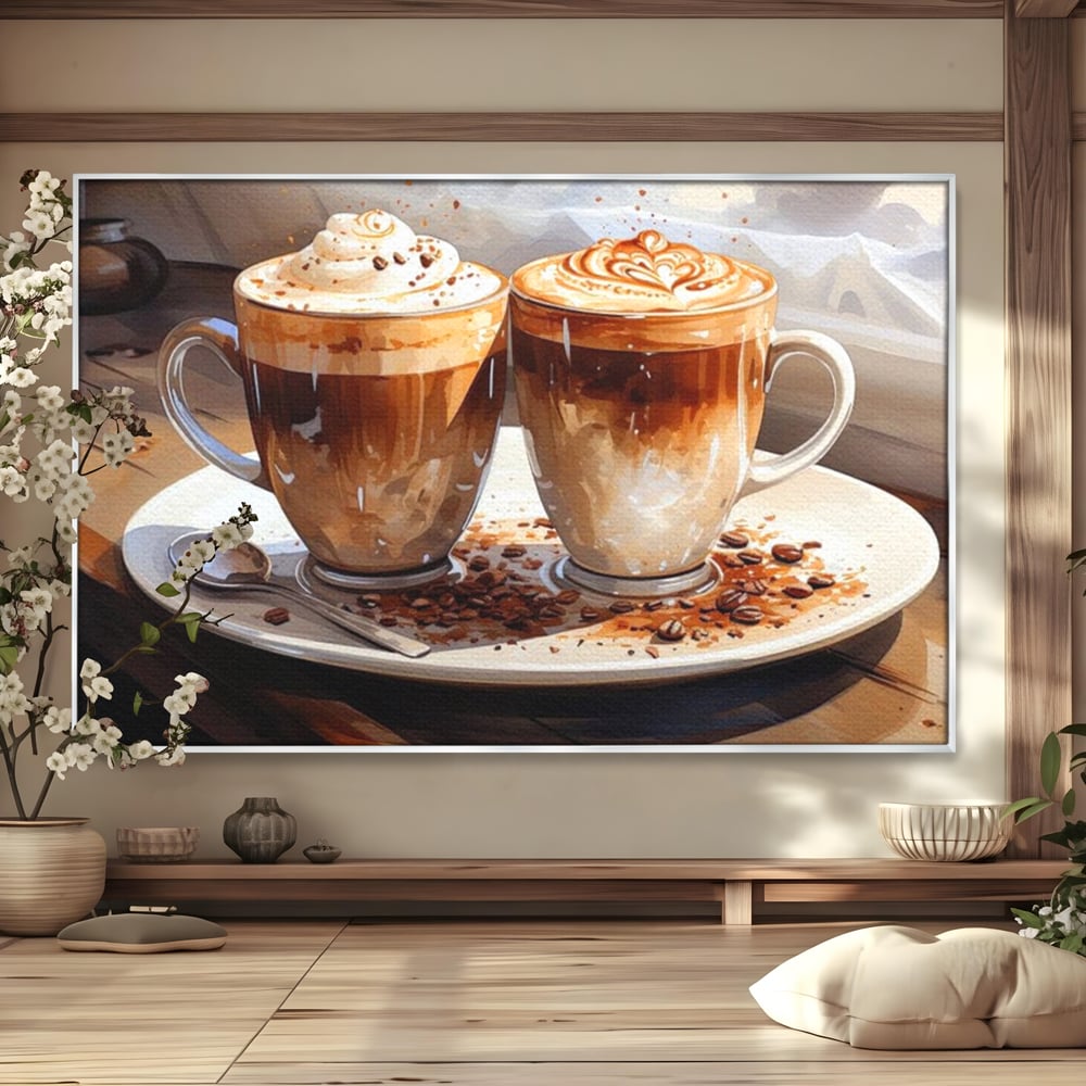 Tablou canvas cu tablou canvas cu cesti de cafea, in rama de aluminiu argintiu